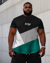 Men's Plus Size Casual Black & Green Colorblock Short Sleeve T-Shirt Shorts Suit